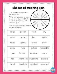 We have crafted our shades of meaning worksheets to enable students of grade 1 through grade 5 to enjoy the diversity and richness of the language on one hand, and to gain valuable understanding of the nuances of the language to express oneself in varying levels of intensity, on the other. Shades of Meaning! TONS of other great printables! | 2nd ...