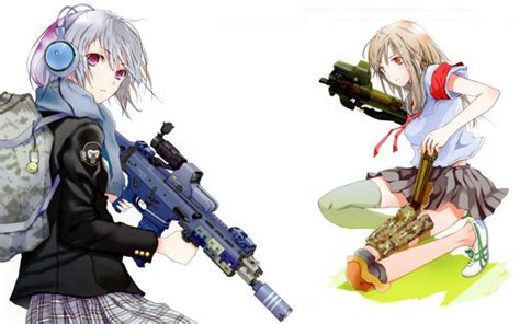Headphones Guns School Uniforms Weapons Girls With Guns Fuyuno
