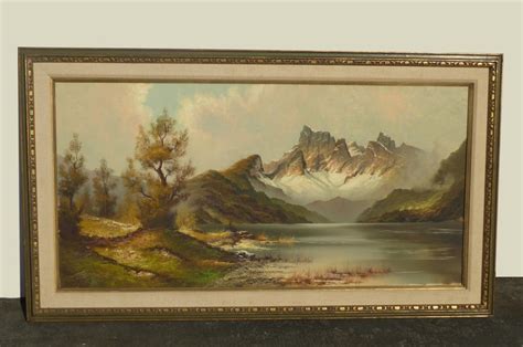 Original Vintage Oil On Canvas Mountain Lake Picture Painting By Martin