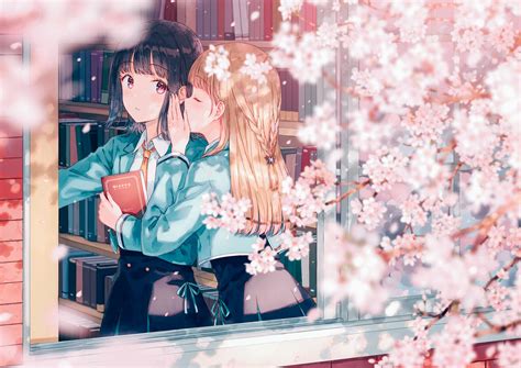 Cherry Blossom Books Library Window School Uniform Anime Girls Hiten
