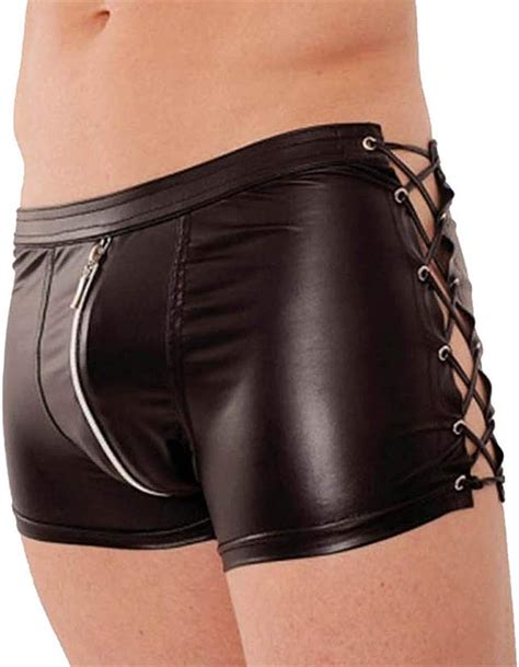 men s faux leather underwear sexy vinyl wet look lace up shorts zipper clubwear