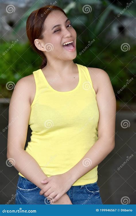 attractive filipina female winking wearing tshirt stock image image of asian wink 199946567