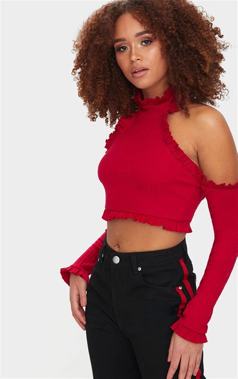 Red Ribbed High Neck Frill Cold Shoulder Crop Top Prettylittlething Usa
