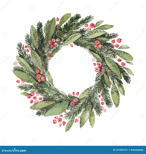 Watercolor Illustration Decorative Christmas Laurel Wreath Stock