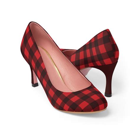 Buffalo Plaid Womens High Heels Shoe Red Black Check Etsy