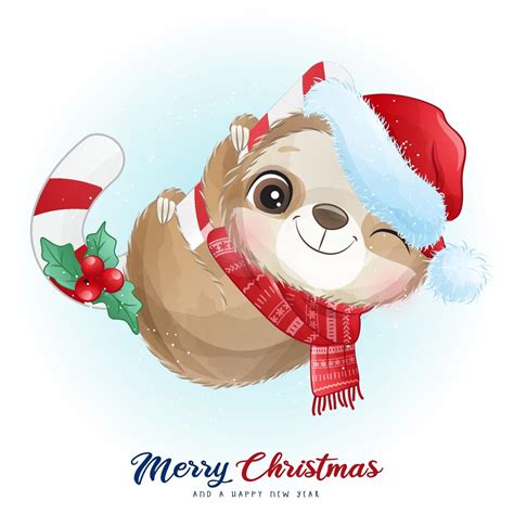 Cute Doodle Sloth For Christmas Day With Watercolor Illustration 2064069 Vector Art At Vecteezy