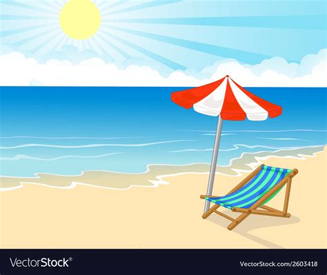 Cartoon Beach Chair And Umbrella On Tropical Beach
