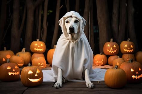 Premium Ai Image Dog Wearing A Ghost Costume Sitting Between Pumpkins