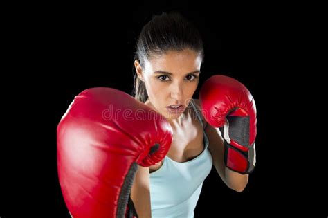 Fitness Woman Girl Red Boxing Gloves Posing Defiant Competitive Fight