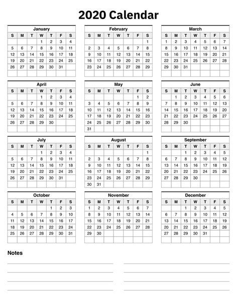 2020 Year At A Glance Calendar Template