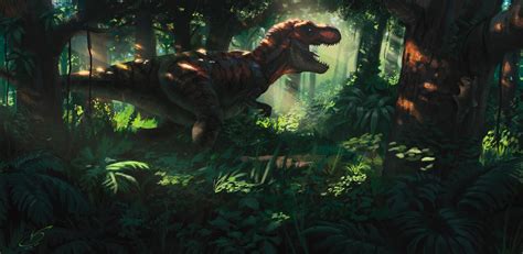 Wallpaper Tyrannosaurus Dinosaur Jungle Forest Art Hd Widescreen