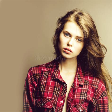 Pretty Girl In Red Checkered Shirt Stock Photo Image Of Brunette