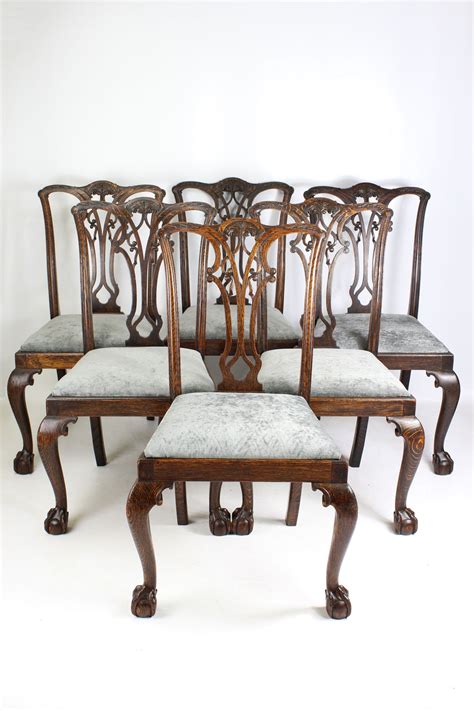 Set 6 Antique Edwardian Oak Chippendale Chairs