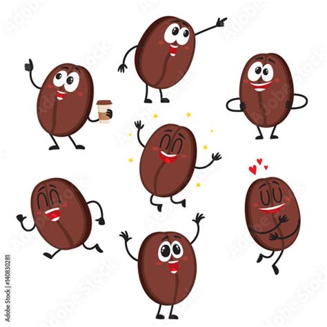 Cute And Funny Coffee Bean Characters With Human Face Showing