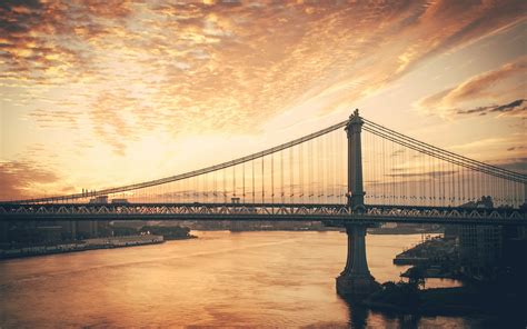 Download Wallpapers New York Evening Sunset Manhattan Bridge
