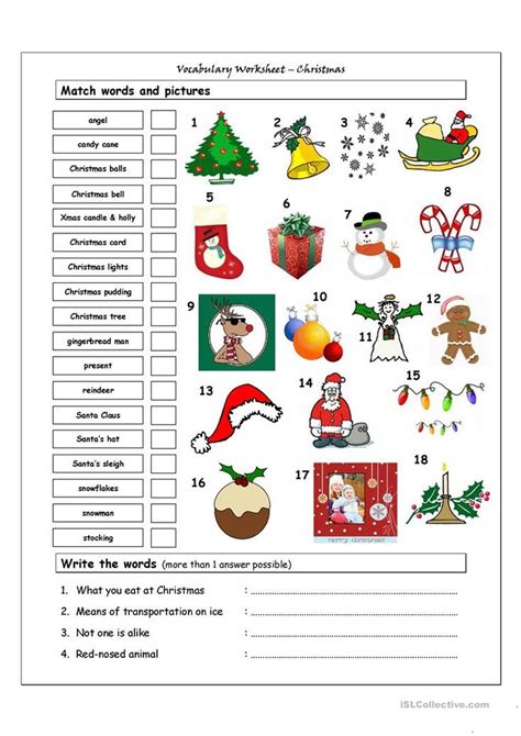 vocabulary matching worksheet xmas christmas worksheets christmas