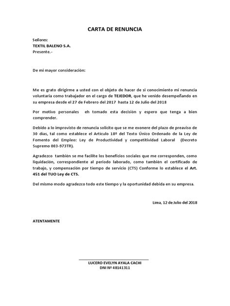Carta De Renuncia Sociedad De Responsabilidad Limitada Lima
