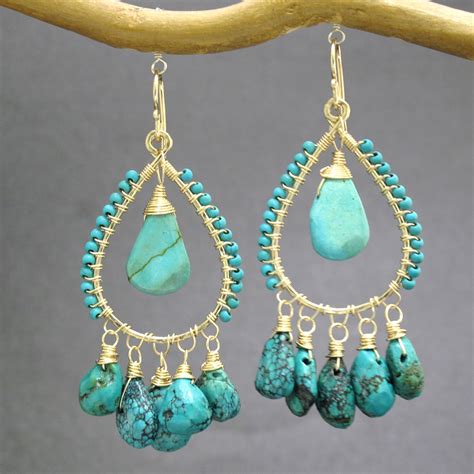 Hammered Drop Hoops With Turquoise Aphrodite Etsy