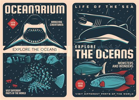 Sea Animals Retro Posters Oceanarium Fishes Stock Vector Colourbox