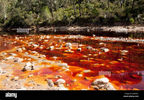 Blood Red Mineral Laden Water In The Rio Tinto River In The Minas De