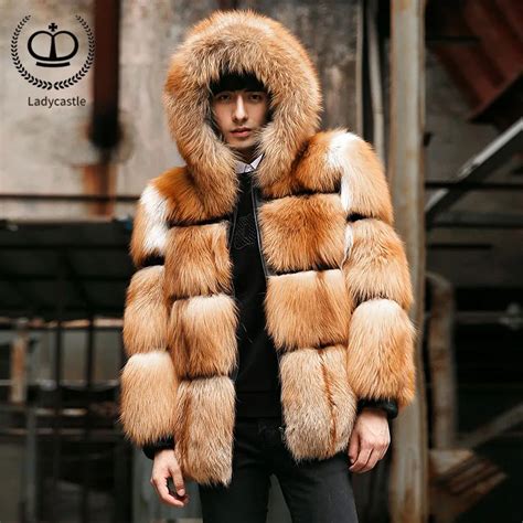 Men Warm Real Fox Fur Coat With Hood Winter Genuine Fur Jacket Outwear