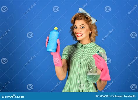Pinup Woman Hold Soup Bottle Stock Photo Image Of Happiness Duster