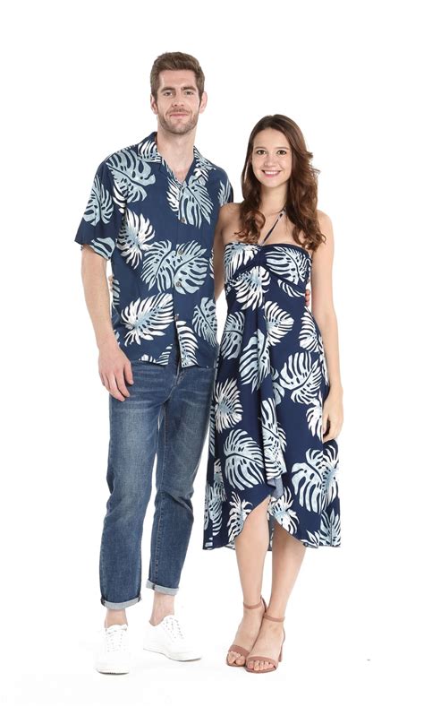 Couple Aloha Set In Navy Palm Leaves In Luau Party Outfit