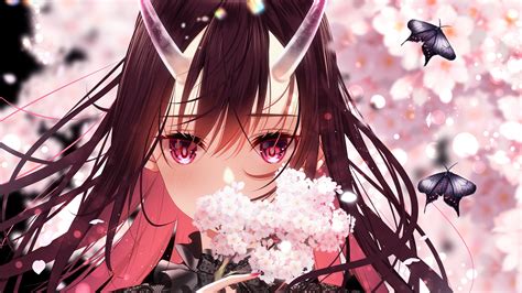 Download 3840x2160 Anime Girl Horns Face Portrait Pink Eyes Cherry