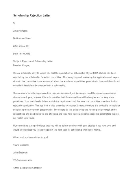 Heartfelt Scholarship Rejection Letter By Donor Templates At