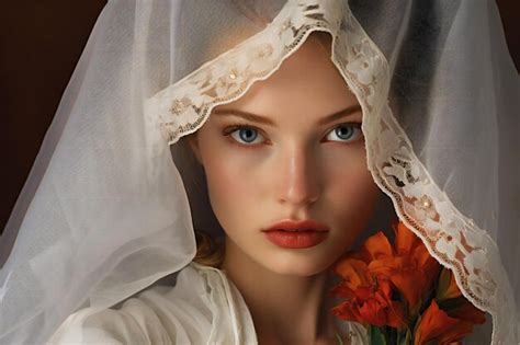 premium photo a woman in a white dress with a veil and flowers