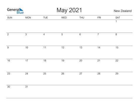 Calendar for 2021, 1st half with week numbers and holidays. May 2021 Calendar - New Zealand
