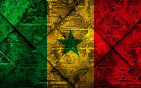Flag Of Senegal Grunge Art Rhombus Grunge Texture Senegal Flag