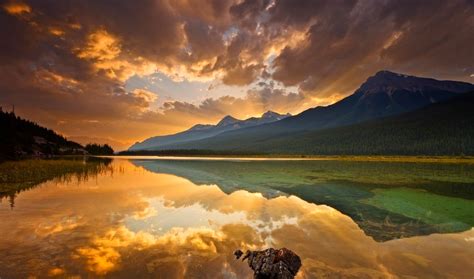 Canada Lake Reflection Sunset Clouds Mountain Forest Water