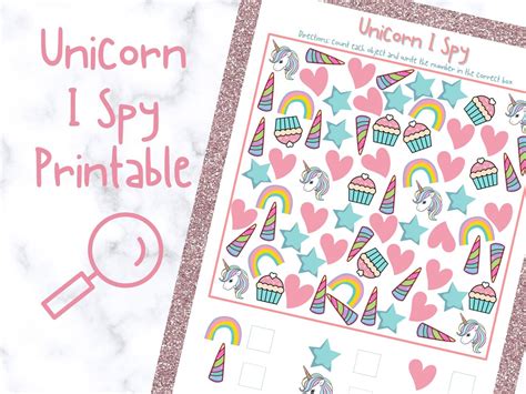 Unicorn I Spy Printable Worksheet Numbers 1 20 Etsy