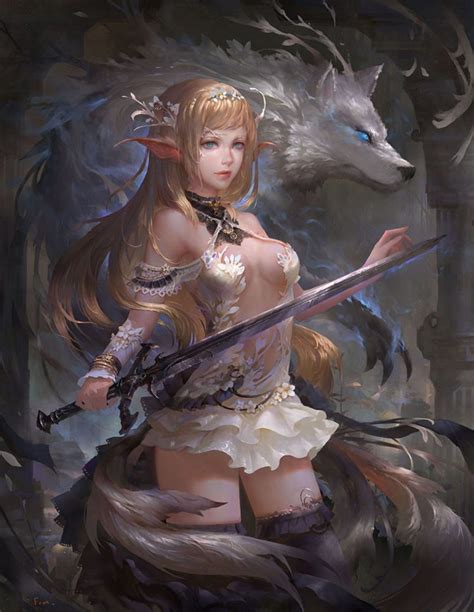 Fantasy Girl Long Hair Beautiful Dress Sword Wolf