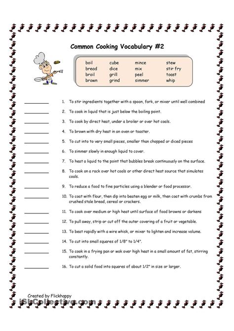 The esl worksheets below offer a great opportunity to reinforce lessons, evaluate comprehension, and work together to answer the questions (for example, you can have the students take turns reading and then pose each question or exercise to the entire class). Common Cooking Vocabulary #2 | Cooking classes for kids ...