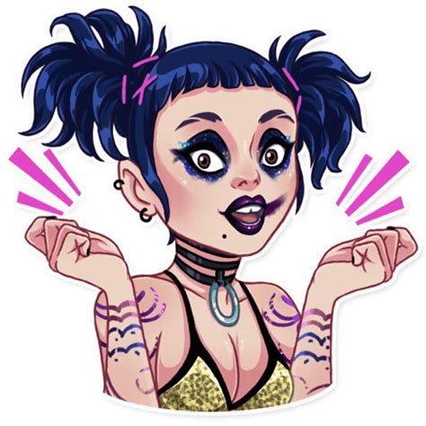 A Woman With Blue Hair And Piercings On Her Chest Holding Up Two Fingers In Front Of Her Face