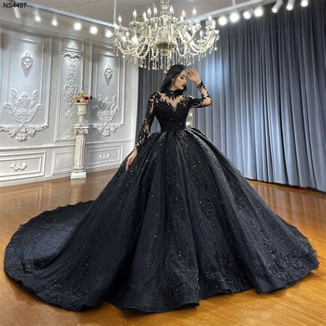 Luxury Black Long Sleeve Lace Appliques Wedding Dress Bridal Gown Full