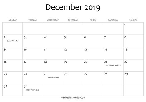 Editable Calendar December 2019