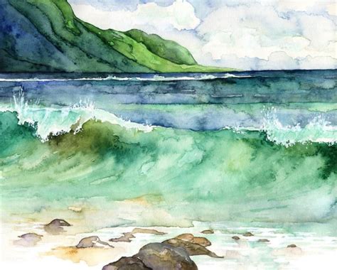 Watercolor Hawaii Painting Print Titled Green Etsy Watercolor Ocean