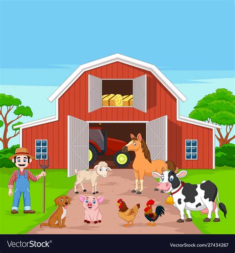 Cartoon Farmer And Farm Animals In Barnyard Vector Image