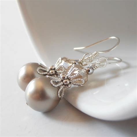 Taupe Bridesmaids Jewelry Platinum Pearl Earrings Beige Bridal Sets