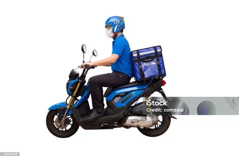 Delivery Man Wearing Blue Uniform Riding Motorcycle And Delivery Box