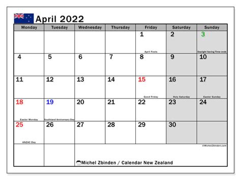 Printable April 2022 “new Zealand” Calendar Michel Zbinden En
