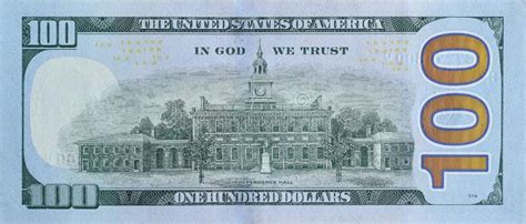 Independence Hall On 100 Dollars Banknote Back Side Closeup Macro