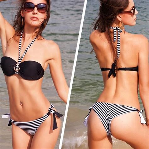 2016 New Sexy Halter Bikin Set Female Bikinis Striped Navy Style Two Pieces Swimsuits Steel Prop