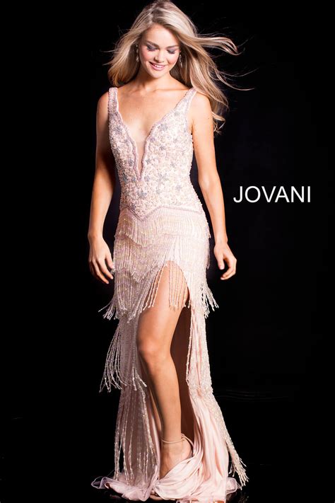 Jovani Blush Beaded Fringe High Slit Prom Dress