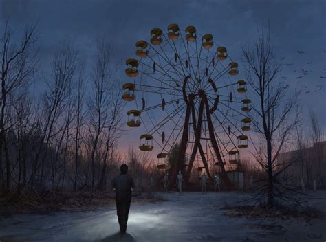 A Man Standing In Front Of A Ferris Wheel At Night With Birds Flying