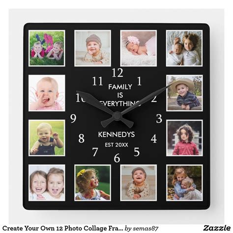 Create Your Own 12 Photo Collage Frame Black Square Wall Clock Zazzle
