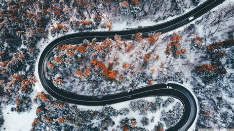 Aerial View Winding Mountain Road Early Winter 4k Hd